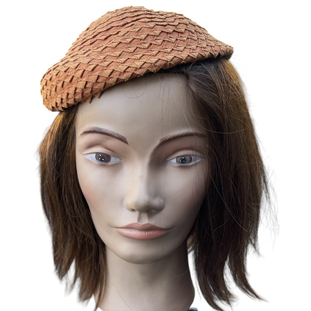 Vintage Burnt Orange Grosgrain Ribbon Pleated Beret Pillbox Hat Mid-Century 50s